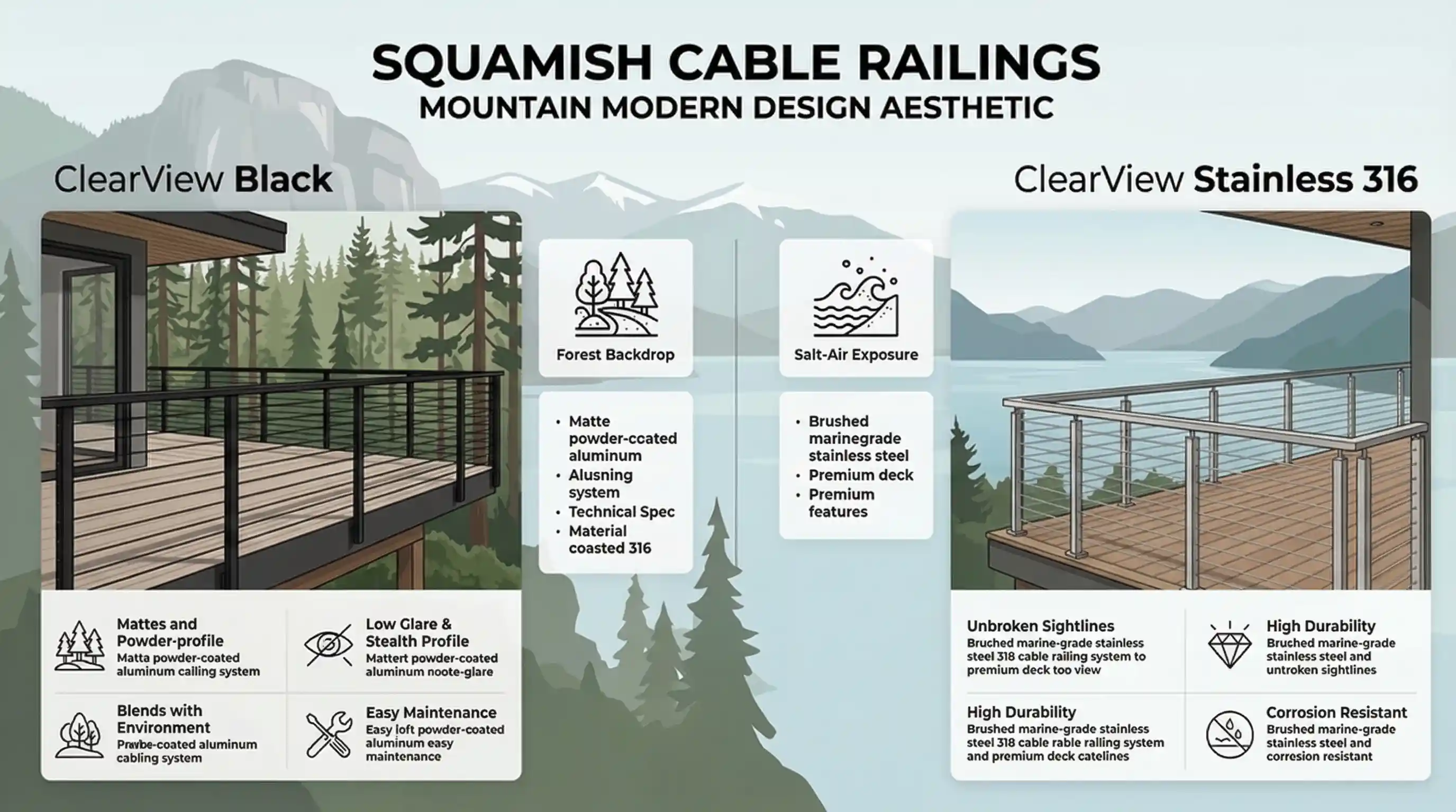 Custom cable railing installation in Squamish BC with mountain modern aesthetic and Howe Sound views.